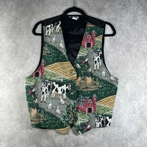 Vintage VRG Sport Tapestry Vest Womens Large‎ Farm Scene Barn Animals Cows Artsy